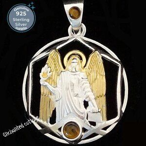 🌟 URIEL ARCHANGEL Sterling Silver 925 Gold Plated 2 Tiger Eyes Pendant Jewelry